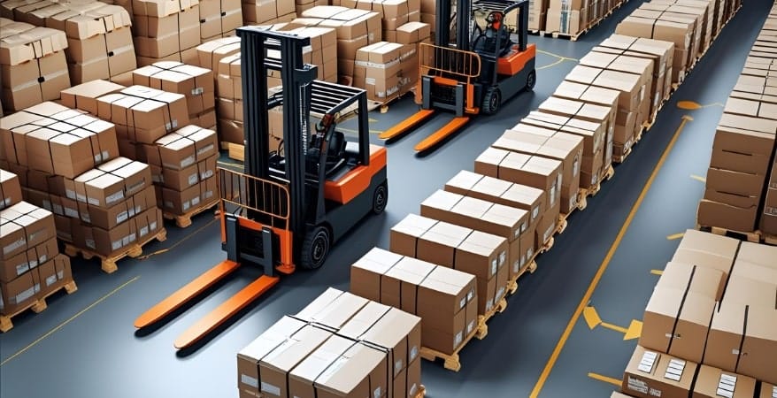 A clean, organized warehouse with forklifts and neatly stacked goods, or a map with optimized logistics routes.
