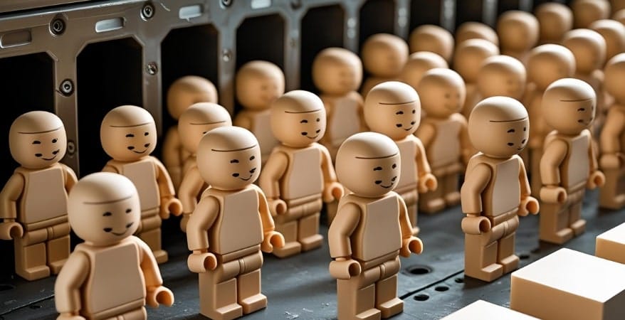 A series of identical figures or blocks coming out of a "cookie-cutter" mold, while a unique, potentially more valuable block is left out or unseen. 