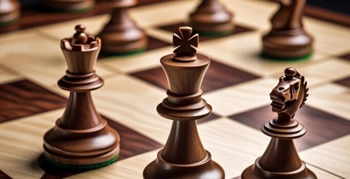 A close-up of a chessboard with two key pieces (e.g., a Rook and a Knight, representing stability vs. agility, or internal vs. external movement) poised, suggesting a strategic decision about their next placement.