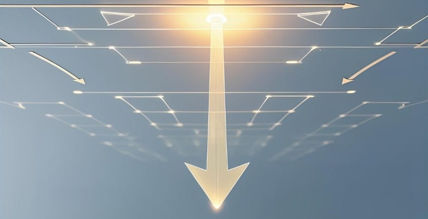 A subtle, transparent arrow or light beam descending onto a specific point on an organizational chart or process flow, symbolizing strategic input.