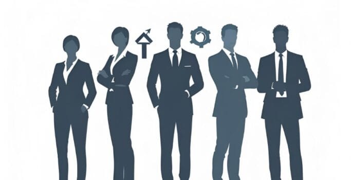 Five subtle, diverse silhouettes of business professionals, each with a faint visual cue or icon representing their archetype (e.g., a growth arrow for the Scaler, a wrench for the Transformer, a stable foundation for the Operator).