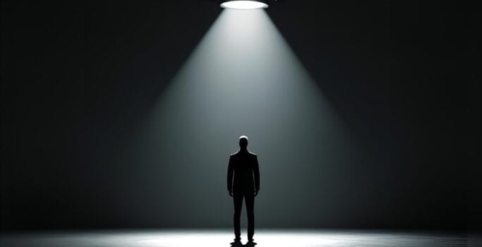 A powerful spotlight shining down on a single, glowing, or distinctly different chess piece, a complex algorithm visualization, or a subtle human silhouette, standing out from a darker, undifferentiated background. This emphasizes "revealing true genius."