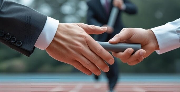 A dynamic image of two professional hands mid-handover of a baton in a relay race. The first hand is strong and established (CEO), the second is eager and ready (COO), symbolizing a smooth and planned transition.