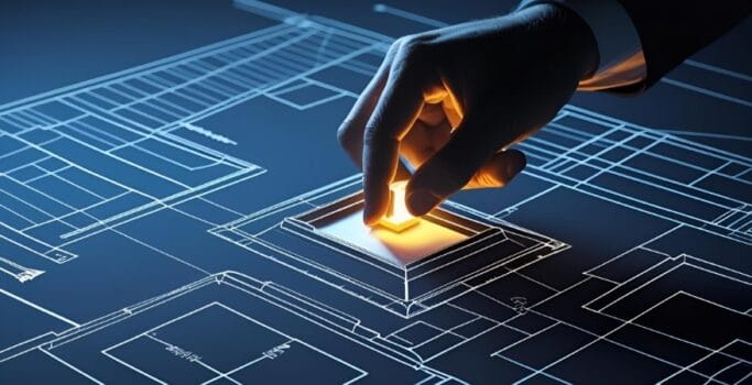 A stylized, professional blueprint or architectural drawing, with a subtle human silhouette or hand placing a new, glowing piece within it, symbolizing the structured integration of a new leader into a complex system.
