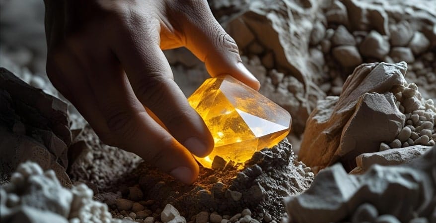 A hand (diverse representation) carefully unearthing a rare, glowing gem or artifact from a raw, unrefined material, symbolizing discovery in the hidden market.