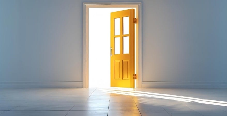 A brightly lit, open door at the end of a clear, inviting pathway, symbolizing the defined career trajectory.