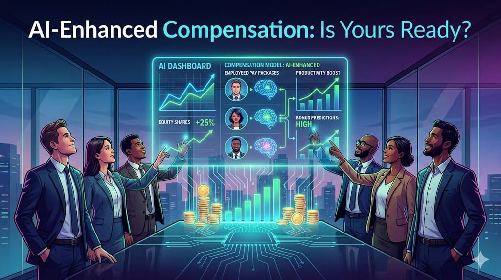 Futuristic illustration of AI-enhanced performance metrics transforming traditional compensation models into dynamic, personalized pay structures for the AI era.