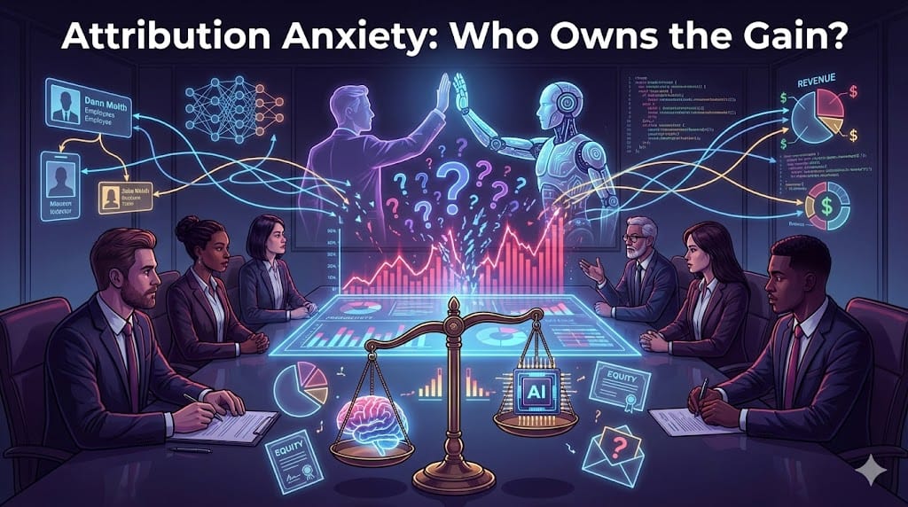 Illustration depicting the challenge of attributing productivity gains between human workers and AI tools in modern compensation systems.