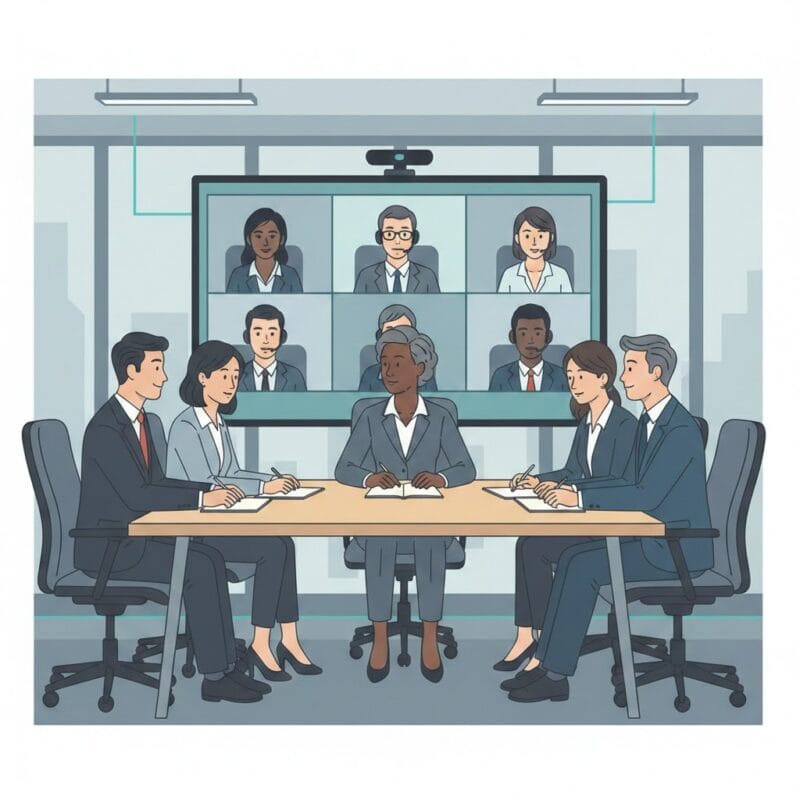  Hybrid team with in-office and remote employees where a US executive focuses only on people in the room, highlighting proximity bias risk.