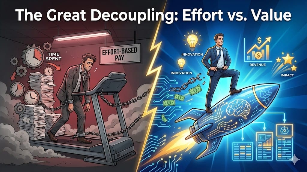 Conceptual illustration showing the decoupling of traditional effort-based metrics from AI-driven value creation in modern compensation models.