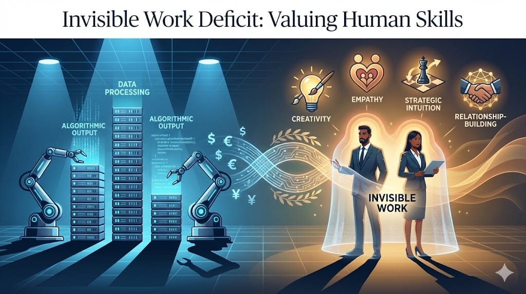 Illustration highlighting the undervaluation of human-centric skills like creativity and empathy amid AI-driven productivity in compensation models.