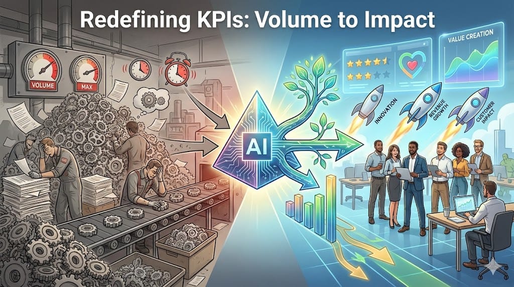 Visual representation of shifting KPIs from high-volume output metrics to meaningful outcome impact in AI-era compensation strategies.