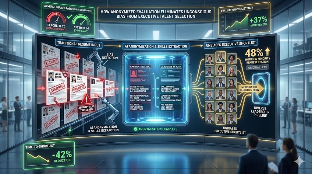 Blind screening process removing names photos ages from executive resumes—AI anonymization transforms biased candidate pool into merit-based shortlist for equitable C-suite hiring "Blind Screening and Anonymized Evaluation