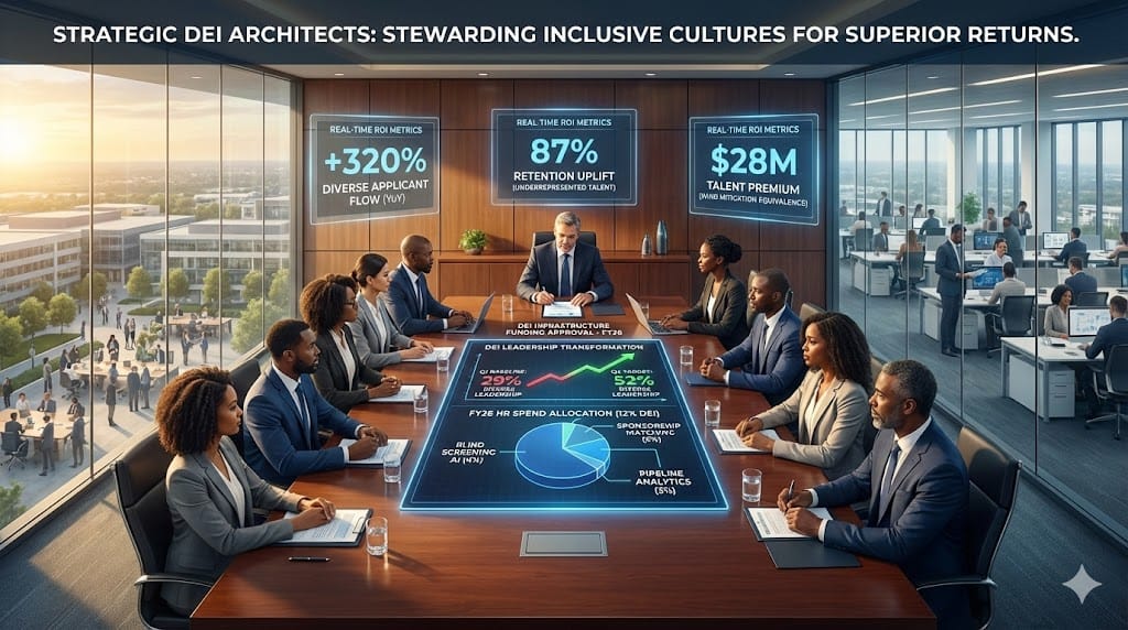 Corporate board overseeing strategic DEI investment—diverse directors reviewing executive pipeline analytics, budget allocation for blind screening tech, sponsorship ROI metrics driving 42% C-suite diversity "Board Oversight and Strategic Investment in DEI