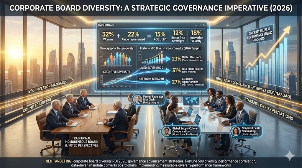 Diverse corporate board driving strategic governance advancement—multi-ethnic directors analyzing data dashboards showing 32% women 22% underrepresented groups correlation with 15% higher ROE, 2026 Fortune 500 diversity benchmarks "The Strategic Imperative for Board Diversity and Governance Advancement