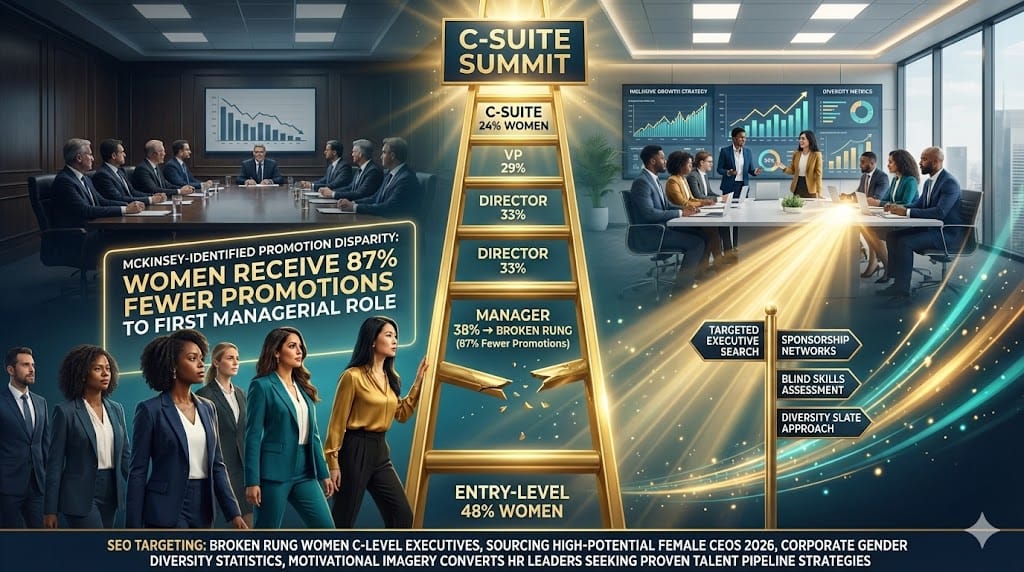 Confident diverse women ascending corporate ladder past broken rung to C-level executive roles—statistics showing 29% C-suite representation gap, targeted sourcing strategies for high-potential female leaders "Addressing the 'Broken Rung': Sourcing High-Potential Women for C-Level Roles