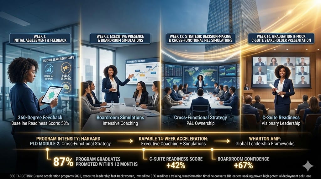 Diverse high-potential women completing executive acceleration programs ready for immediate C-suite deployment—before/after transformation from VP to CEO through 14-week intensive leadership training "Acceleration Programs for Immediate C-Suite Readiness