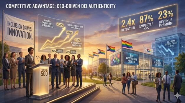 CEO publicly championing DEI attracts diverse executive talent—corporate headquarters with rainbow flags, balanced leadership team, rising applicant diversity metrics showing 3x women/minority C-suite candidates "Why the 'CEO-as-DEI-Champion' Model is Essential for Top Talent Attraction