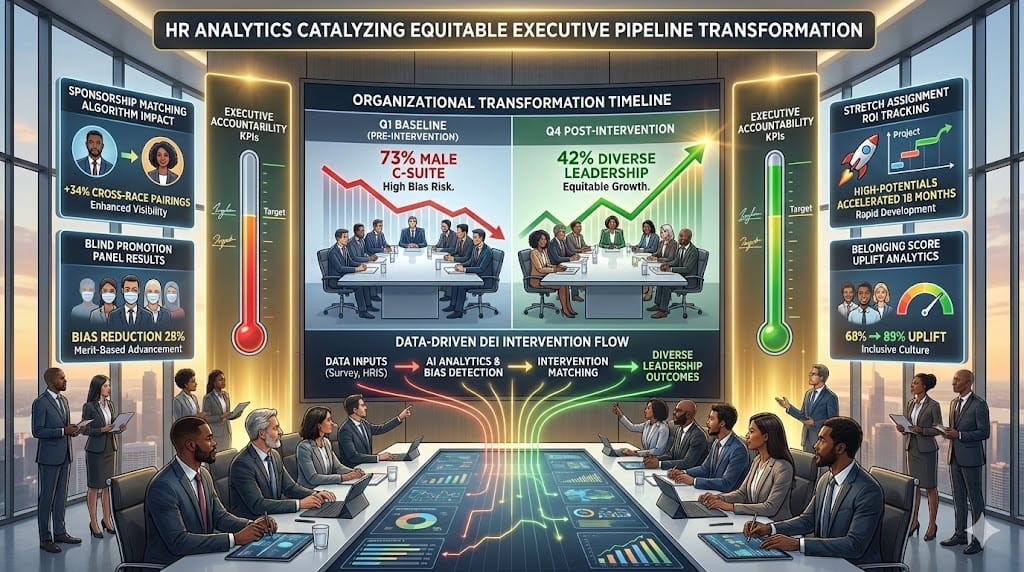  C-suite dashboard catalyzing DEI transformation through data interventions—before/after executive pipeline diversity metrics showing 27% women/minority leadership growth, accountability scorecards driving promotion equity "Data-Driven Interventions & Accountability: Catalyzing Change