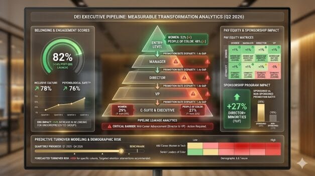 Interactive DEI dashboard tracking executive pipeline diversity metrics—representation funnel from entry-level to C-suite showing gender/ethnicity gaps, promotion velocity by demographic, 27% leadership improvement via data-driven interventions "Measurable DEI: Utilizing Data to Track and Improve Executive Pipeline Diversity