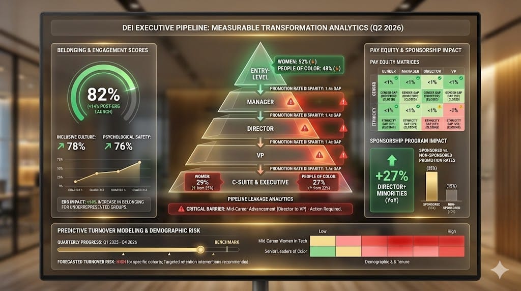 Interactive DEI dashboard tracking executive pipeline diversity metrics—representation funnel from entry-level to C-suite showing gender/ethnicity gaps, promotion velocity by demographic, 27% leadership improvement via data-driven interventions "Measurable DEI: Utilizing Data to Track and Improve Executive Pipeline Diversity