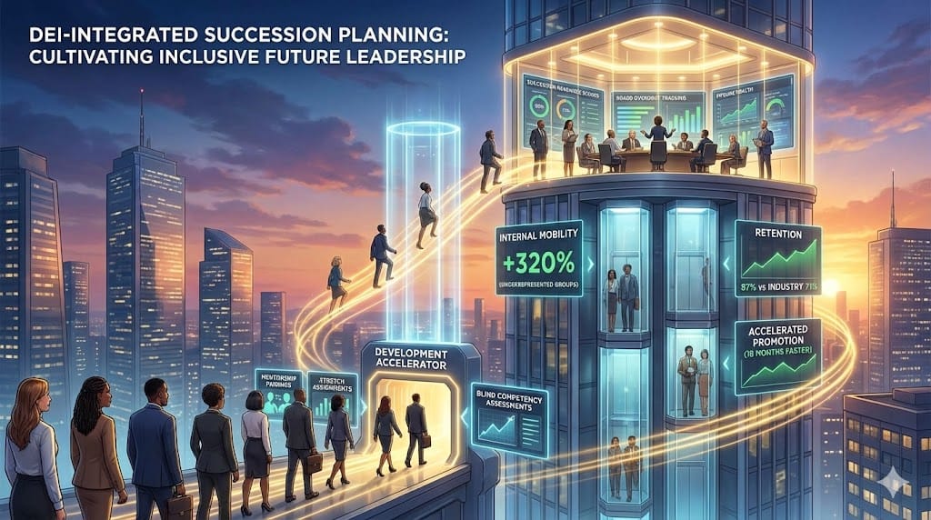Diverse executives ascending through transparent leadership pipeline—succession planning funnel from high-potential VPs to C-suite roles with DEI interventions ensuring 48% women/minority representation "Cultivating Future Leadership: Succession & DEI