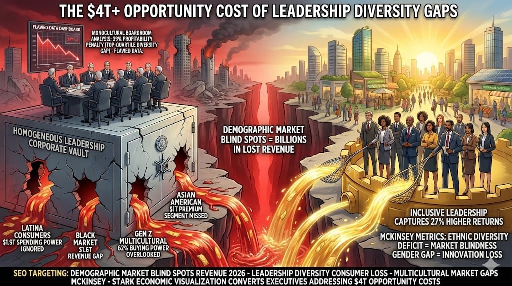 Homogeneous leadership overlooking multicultural markets causing $4 trillion revenue loss—demographic blind spots in diverse consumer segments, McKinsey diversity profitability gap 2026 "Revenue Losses from Demographic Market Blind Spots