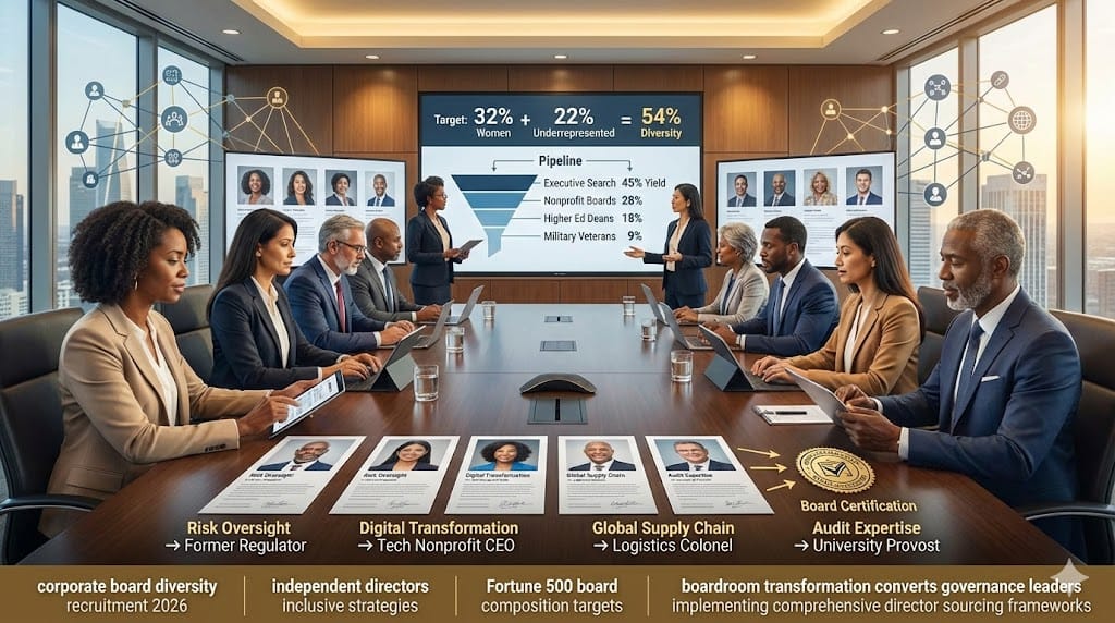 Inclusive corporate board with diverse independent directors—multi-ethnic women and men strategizing around conference table, recruitment pipeline showing 32% women 22% underrepresented groups on 2026 Fortune boards "Building an Inclusive Board: Strategies for Recruiting Diverse Independent Directors