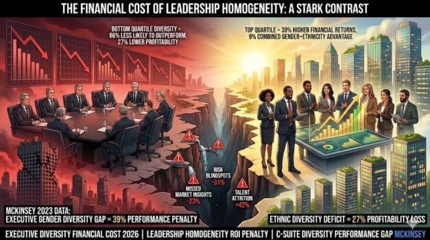 Homogeneous executive team losing revenue to diversity gap—financial charts showing 39% lower profitability vs diverse peers, missed innovation opportunities, 66% reduced outperformance likelihood "The Hidden Cost of Lack of Diversity in Executive Leadership