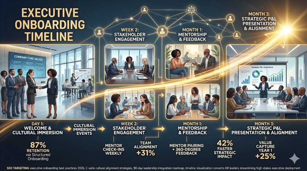 Diverse new C-suite executive onboarding journey achieving cultural alignment—90-day integration roadmap with mentorship, stakeholder meetings, value realization milestones for 2026 leadership success "Onboarding Integration for Cultural Alignment and Value Realization
