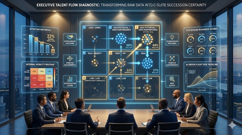 Diagnostic framework assessing executive talent flow—9-box grid mapping performance vs potential across C-suite pipeline, attrition heatmaps, promotion velocity analytics for diversity tracking "Executive Talent Flow Assessment & Analytics: A Diagnostic Framework