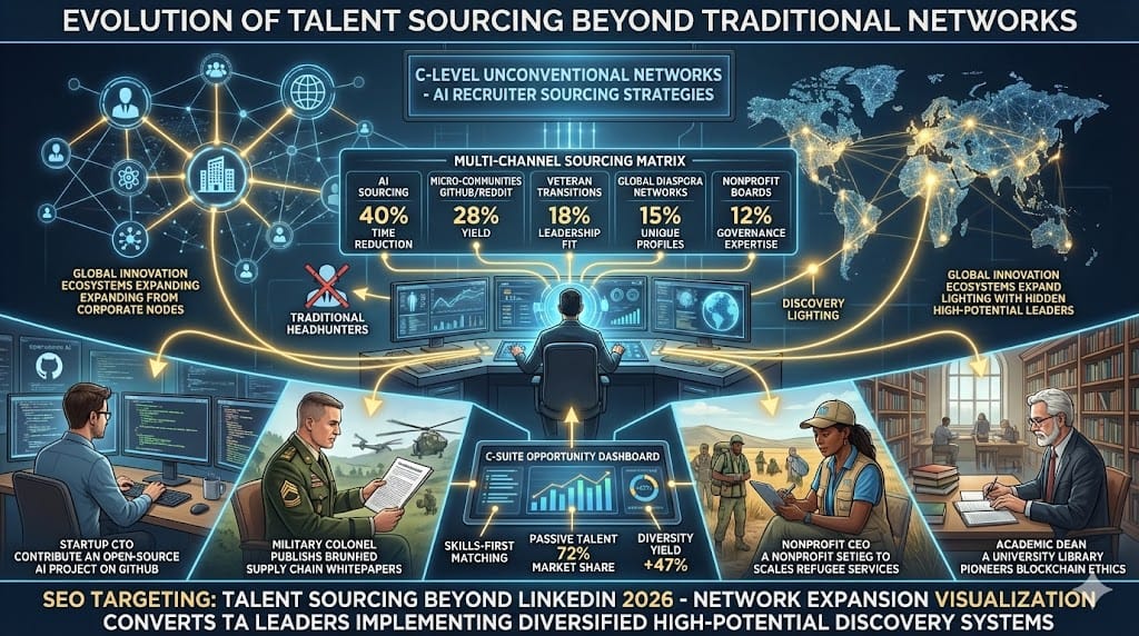 Corporate recruiter expanding beyond LinkedIn headhunters to source diverse C-level talent—networks including AI platforms, micro-communities, veteran transitions, global diaspora targeting underrepresented executives 2026 "Expanding Talent Sourcing Beyond Traditional Networks