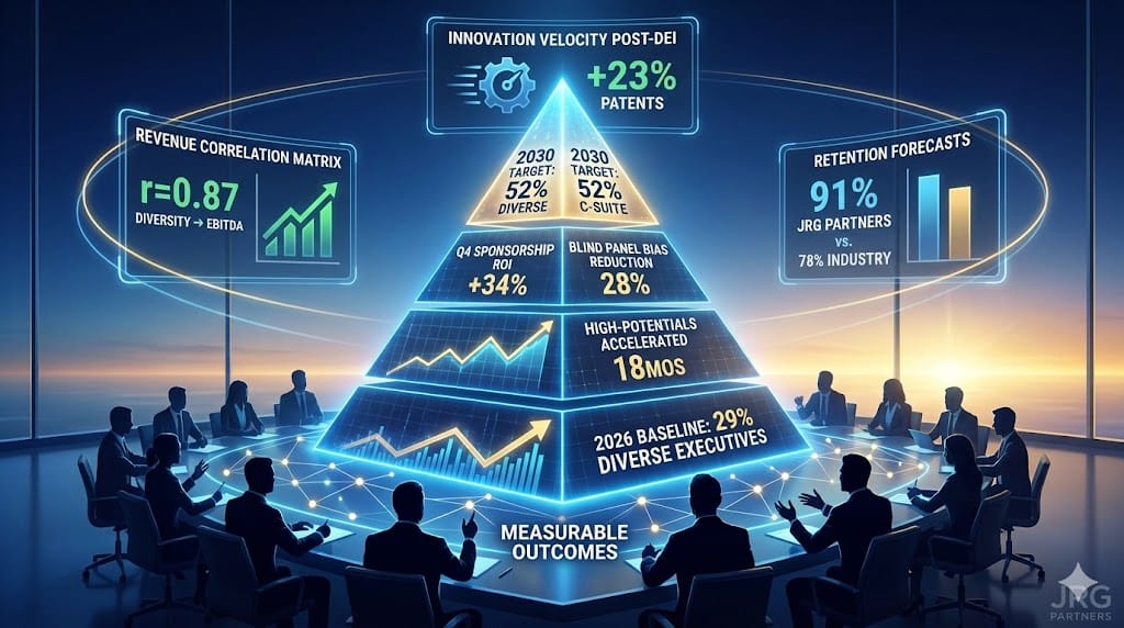 JRG Partners DEI perspective—executive pipeline transformation metrics showing sustained 42% diverse C-suite representation, 89% belonging scores, 27% revenue correlation with diversity maturity "Impact and Future Outlook: A JRG Perspective