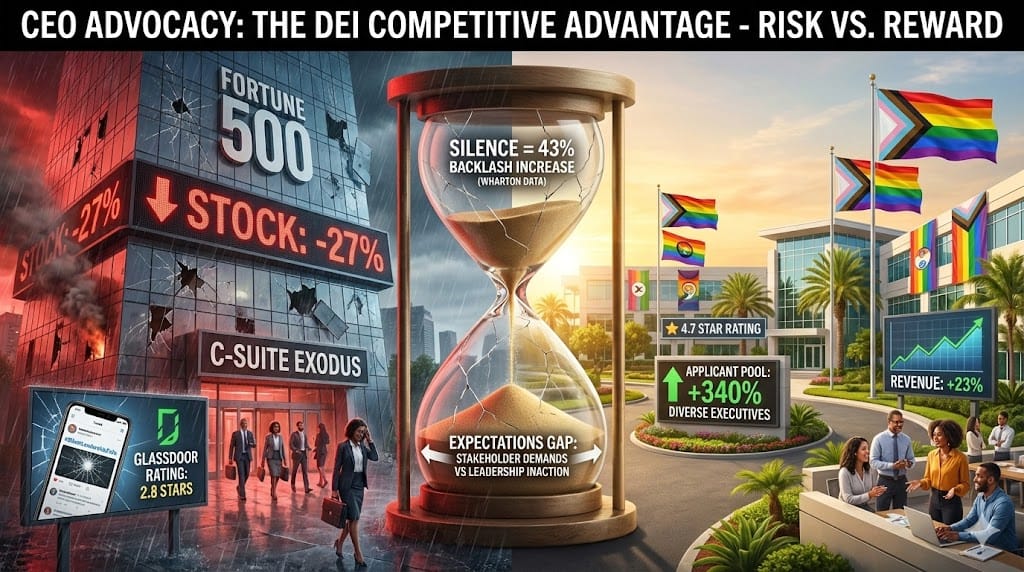 Corporate headquarters crumbling under reputational damage from executive DEI silence—declining stock charts, departing diverse talent, social media backlash vs thriving authentic DEI competitors "The Reputational Cost of Leadership Silence