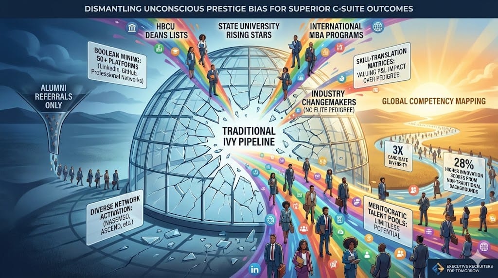 Executive search expanding beyond Ivy League alumni networks—global talent mapping reveals diverse leaders from HBCUs, state universities, international programs feeding balanced C-suite pipeline "Long-List Expansion Beyond Alumni Networks