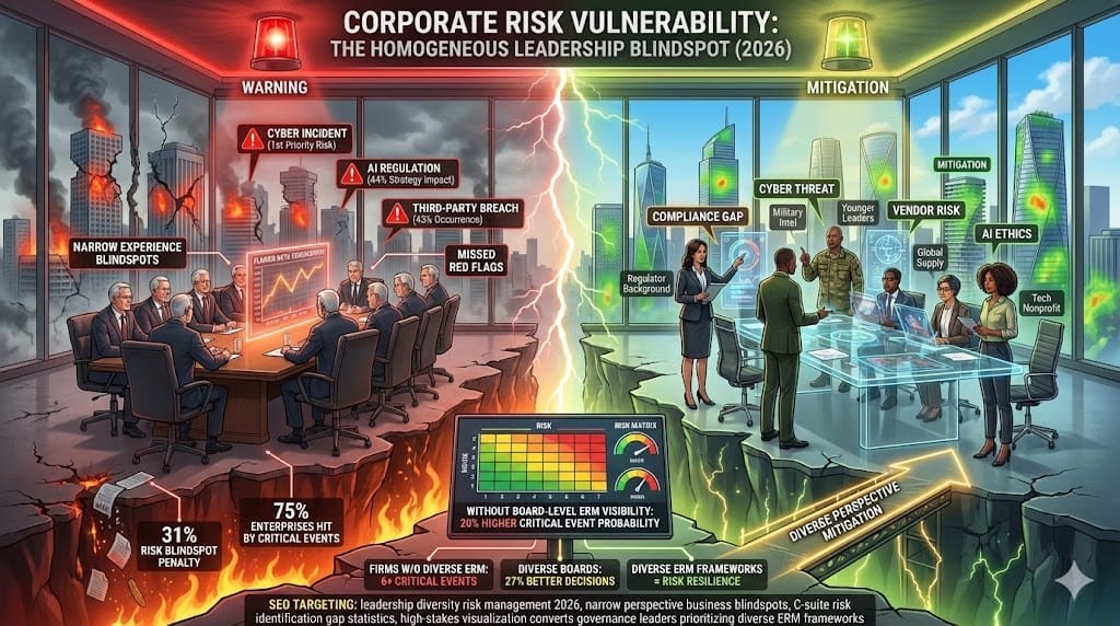 Homogeneous C-suite blind to critical risks from narrow experience—diverse leadership closing 31% risk identification gap, 20% fewer critical events via board-level ERM visibility 2026 "Risk Exposure from Narrow Experience Perspectives
