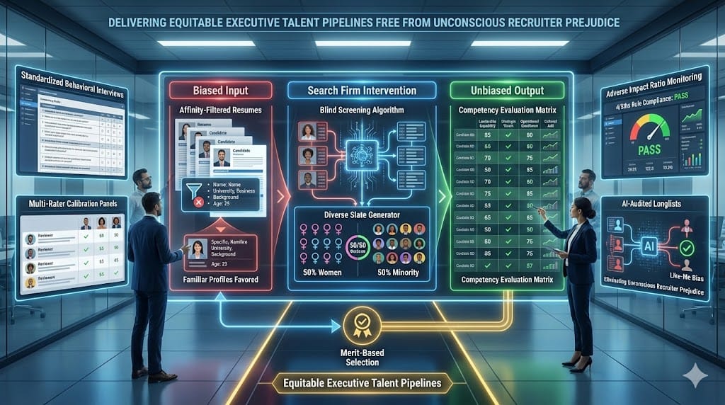 Executive search firm neutralizing unconscious bias—blind resume screening, diverse slate presentation, structured competency interviews removing affinity bias from C-suite hiring "The Role of the Search Firm in Removing Unconscious Bias from the Process
