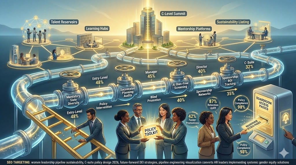 Diverse women talent flowing continuously through corporate pipeline via policy design—sustainable C-suite sourcing strategies eliminating broken rung barriers, 2026 future-forward DEI frameworks "Sustaining Pipeline Flow Through Policy Design & Future-Forward Strategies