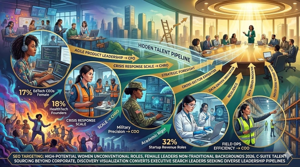 Diverse high-potential women excelling in unconventional leadership roles—non-traditional executives from startups, nonprofits, military, academia leading C-suite teams, breaking corporate stereotypes "Identifying High-Potential Women in Unconventional Roles