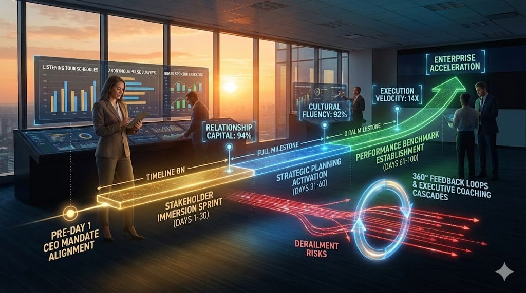 Structured 100-day executive onboarding roadmap with stakeholder alignment (Day 1), cultural immersion sprint (Days 1-30), strategic planning activation (Days 31-60), and performance benchmark establishment (Days 61-100)