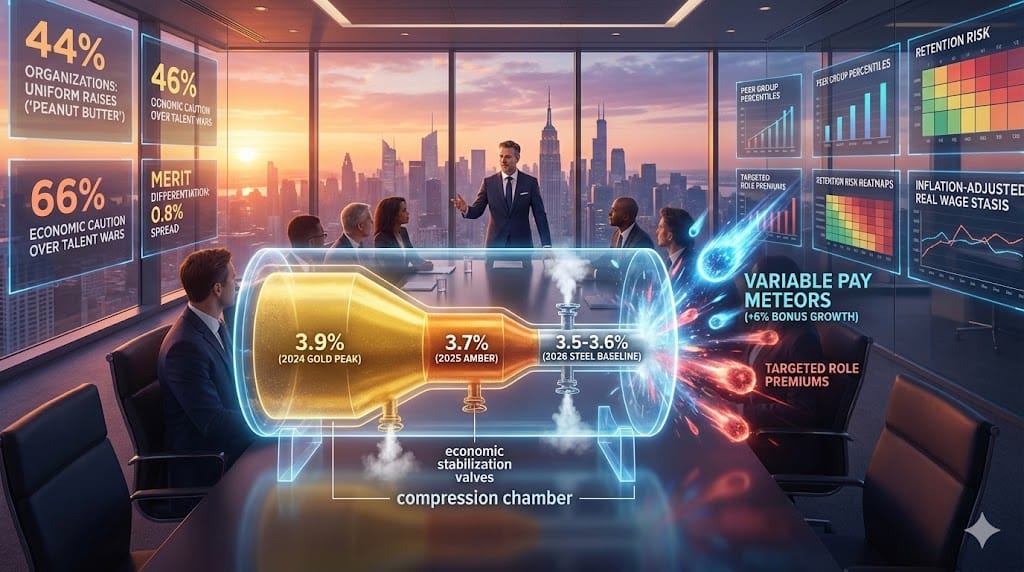 2026 compensation market reset showing base salary compression from 3.7-3.9% to 3.5-3.6% amid economic stabilization, with variable pay and targeted increases replacing broad merit budgets