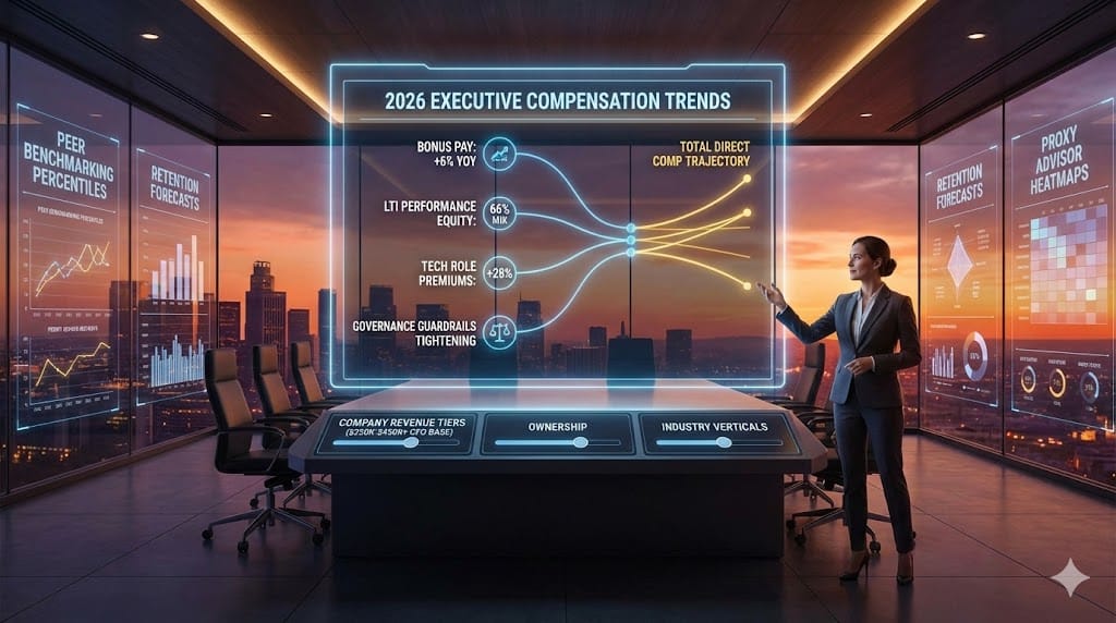 CFO forecasting 2026 executive compensation trends showing bonus-driven cash growth +6%, LTI performance equity dominance 66%, customized tech role premiums, and governance-aligned packages amid talent wars
