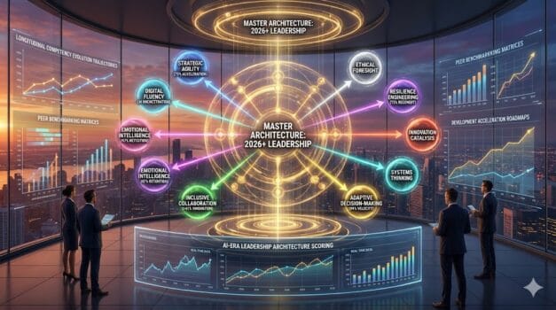 2026 leadership competency architecture—10 golden orbs representing strategic agility, digital fluency, emotional intelligence, inclusive collaboration, adaptive decision-making, cultural intelligence, innovation catalysis, resilience engineering, systems thinking, ethical foresight calibrated for AI-era C-suite dominance.