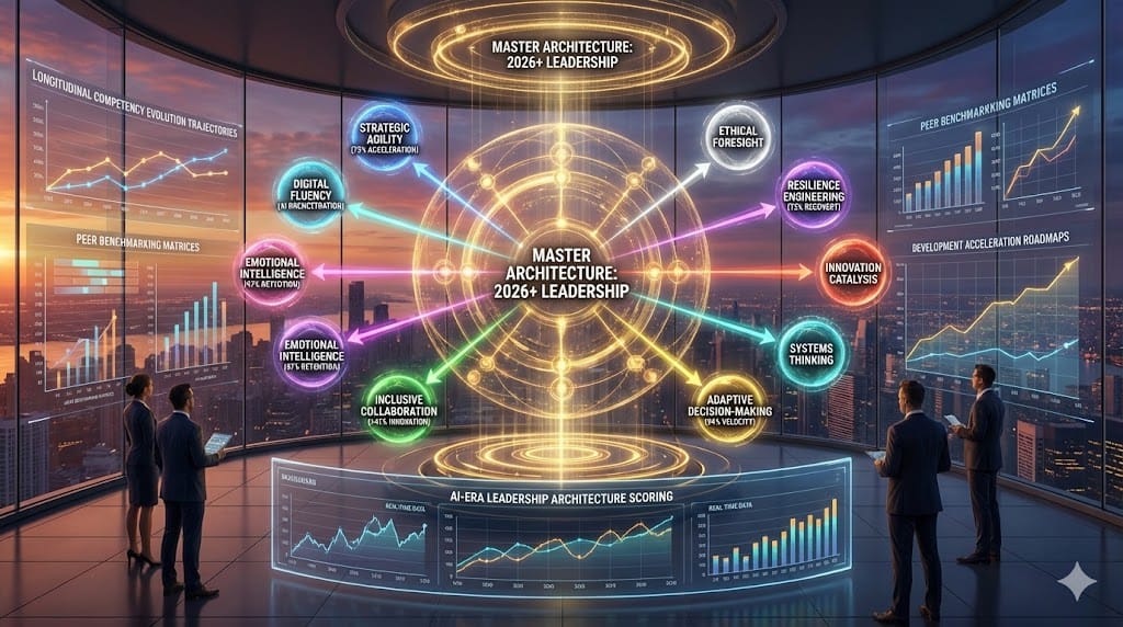 2026 leadership competency architecture—10 golden orbs representing strategic agility, digital fluency, emotional intelligence, inclusive collaboration, adaptive decision-making, cultural intelligence, innovation catalysis, resilience engineering, systems thinking, ethical foresight calibrated for AI-era C-suite dominance.