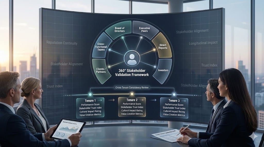 Executive leadership review session displaying a 360-degree stakeholder validation dashboard with animated feedback loops across multiple leadership tenures.