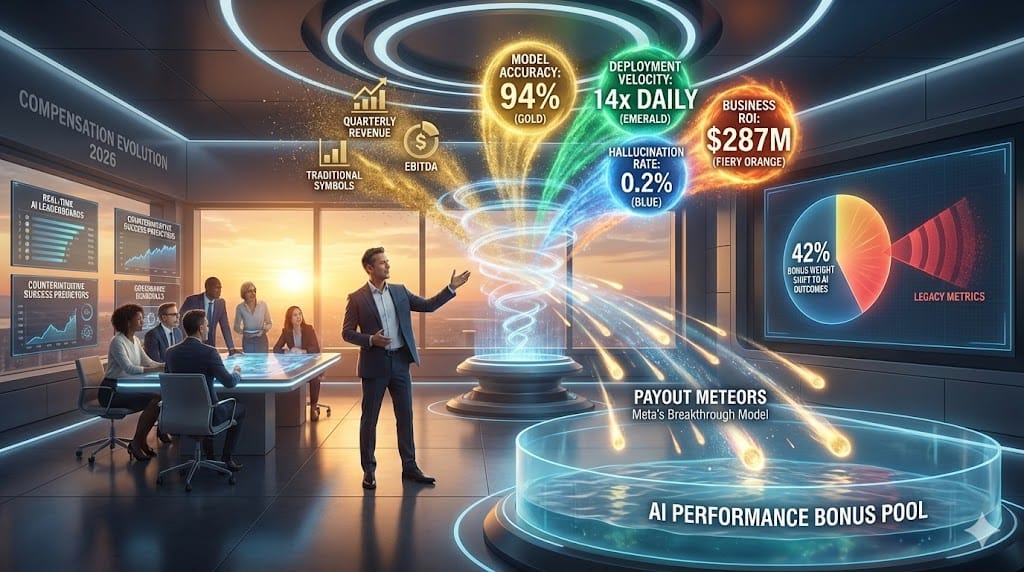 CFO restructuring 2026 bonus pools with AI performance metrics—model accuracy 94%, deployment velocity 14x, business ROI $287M—replacing traditional KPIs amid Meta-style immediate payout triggers for AI breakthroughs