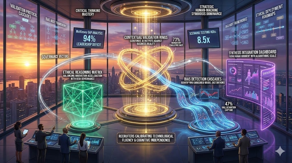AI-era critical thinking architecture—golden contextual validation rings (73% output scrutiny), blue bias detection cascades, emerald ethical reasoning matrix, purple synthesis integration dashboard ensuring human-AI governance dominance.
