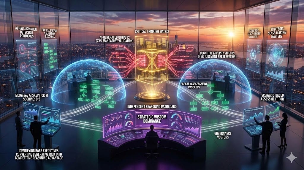Strategic hiring shift architecture—golden critical thinking matrix challenging crimson AI outputs (73% validation required), blue cognitive atrophy shields, emerald scenario assessment cascades, purple independent reasoning dashboard ensuring C-suite AI governance.