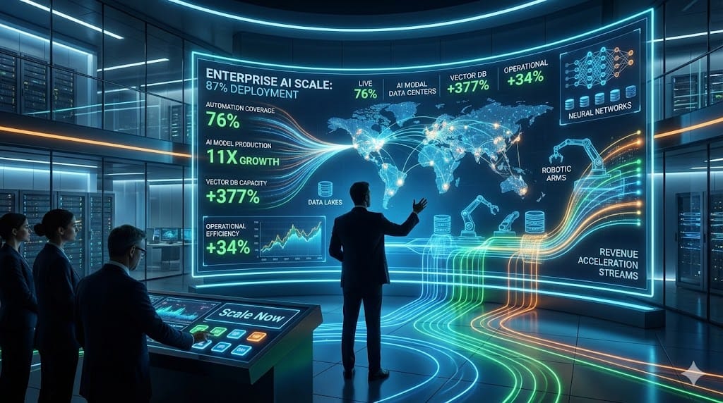 Command center dashboard visualizing CIO/CTO leading enterprise-wide AI, data, and automation adoption with real-time scaling metrics, adoption curves, and business impact gauges.