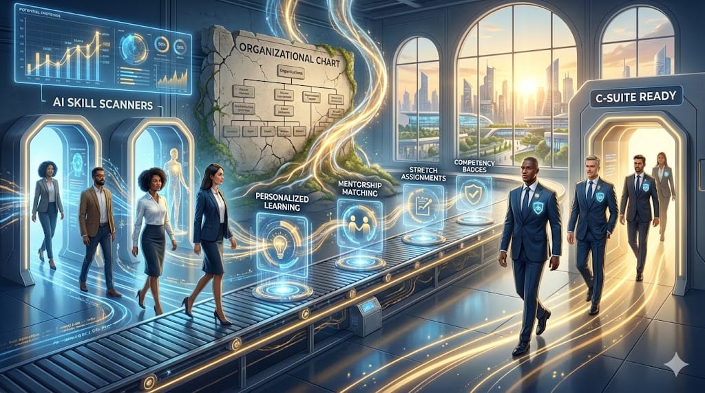 Multi-stage organizational pipeline accelerating internal talent through AI leadership development cohorts, from skill identification to C-suite readiness beyond external hiring